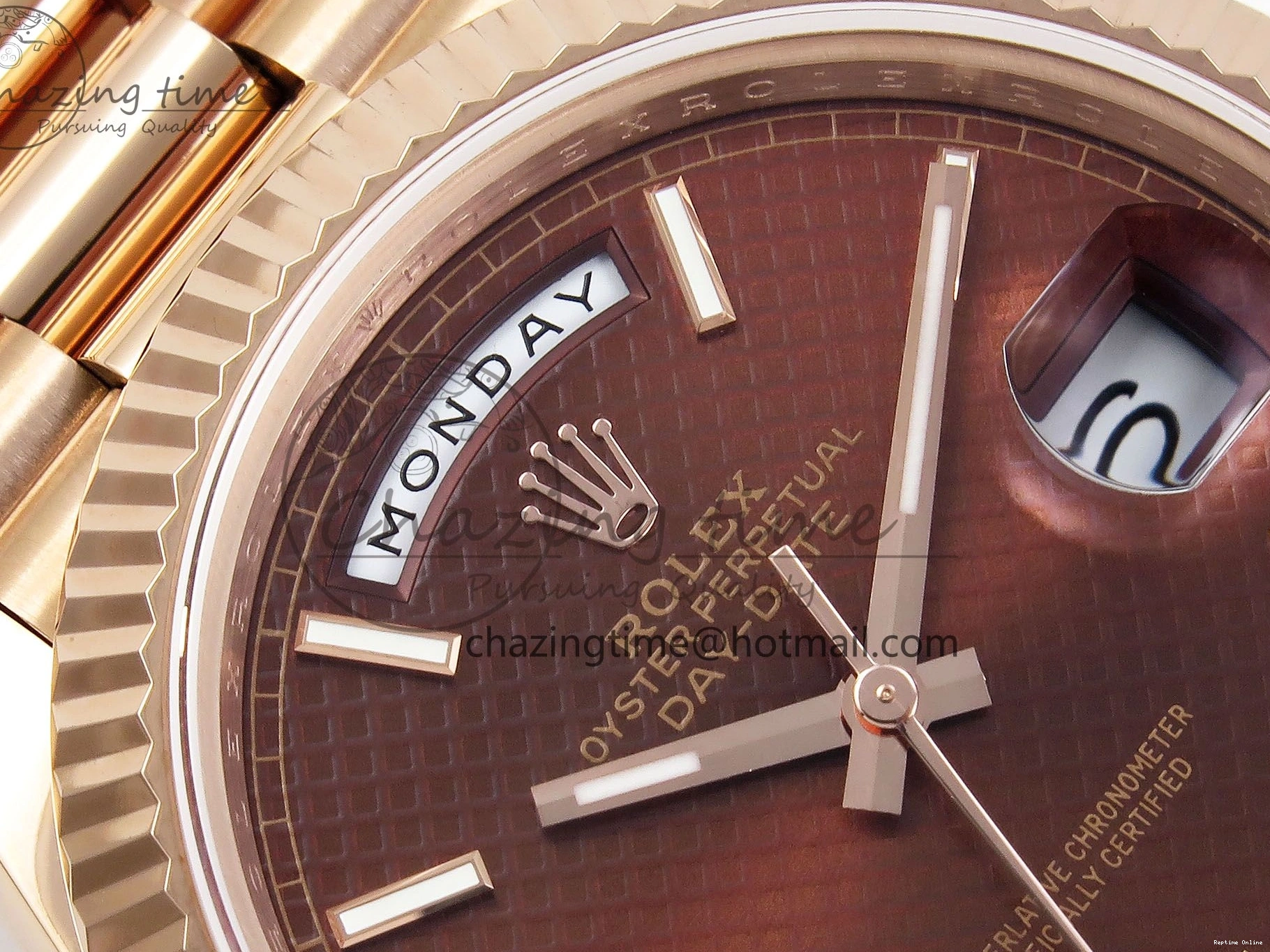 0125 SunProtective Day Date 40 RG JDF 904L Steel Brown Textured Stick Dial on President Bracelet VR3255 V3 (Gain Weight) 1359